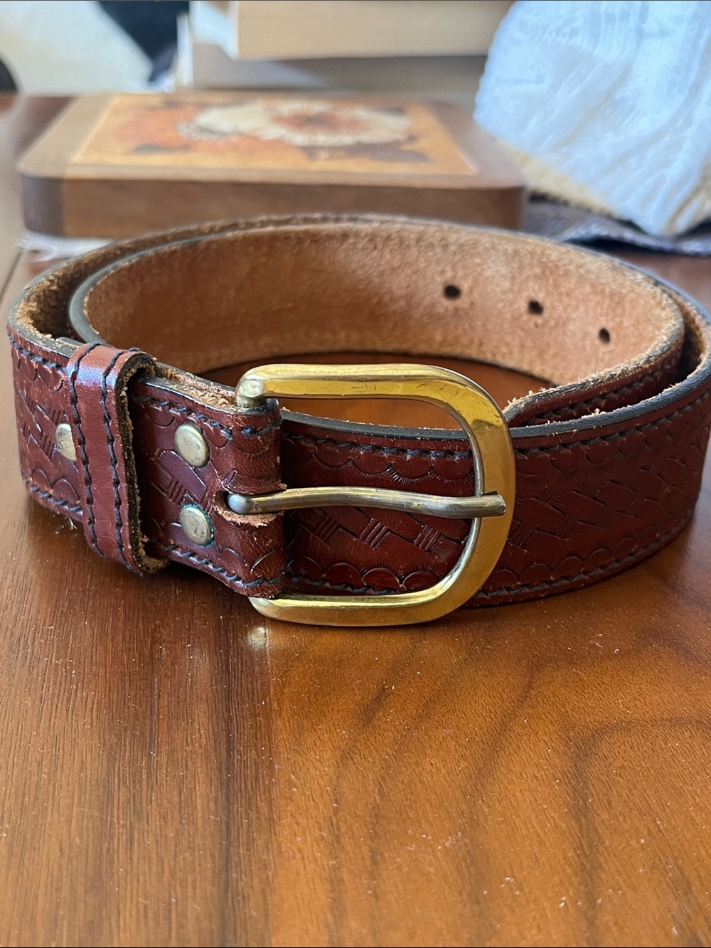 Vintage Tooled Leather Belt - Made in USA